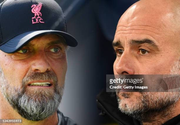 In this composite image a comparison has been made between Liverpool manager Jurgen Klopp and Pep Guardiola, Manager of Manchester City. Liverpool...