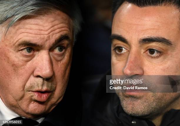 In this composite image a comparison has been made between Head coach Carlo Ancelotti of Real Madrid CF and Head coach Xavi Hernandez of FC...