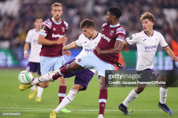 Ben Johnson of West Ham United fouls Sebastiano Esposito of Anderlecht to give away a penalty during the UEFA Europa Conference League group B match...