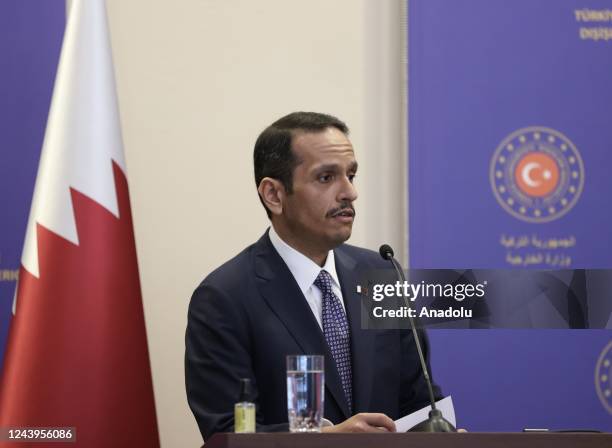 Turkish Foreign Minister Mevlut Cavusoglu and his Qatari counterpart Sheikh Mohammad bin Abdulrahman Al Thani hold a joint press conference after...