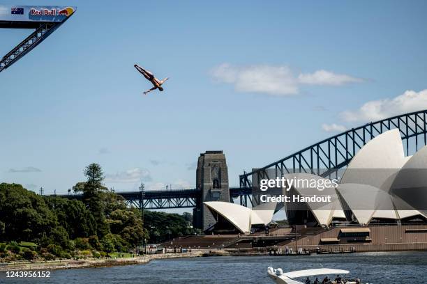 In this handout image provided by Red Bull, Aidan Heslop of the UK dives from the 27.5 metre platform during the first competition day of the eighth...