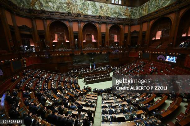 General view shows the Italian Chamber of Deputies as member of the right-wing Lega party, Lorenzo Fontana delivers a speech after being elected new...
