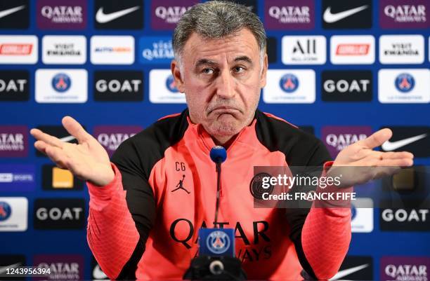 Paris Saint-Germain's French head coach Christophe Galtier delivers a press conference in Saint-Germain-en-Laye, on the outskirts of Paris, on...