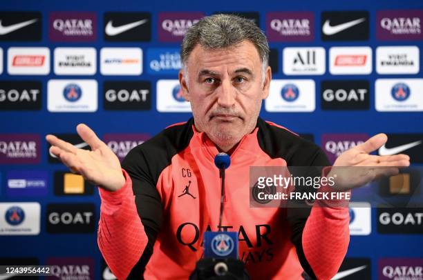 Paris Saint-Germain's French head coach Christophe Galtier delivers a press conference in Saint-Germain-en-Laye, on the outskirts of Paris, on...