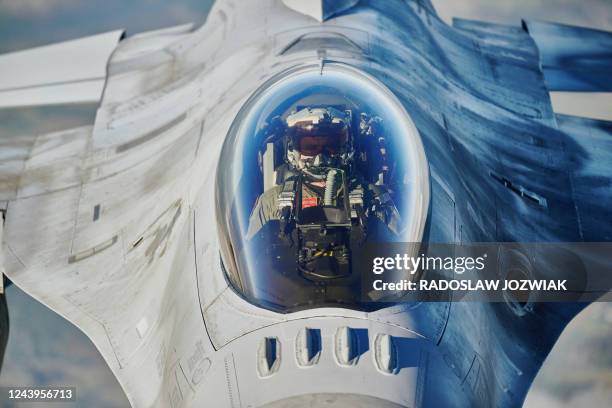 Fighter jet takes part in the NATO Air Shielding exercise near the air base in Lask, central Poland on October 12, 2022.