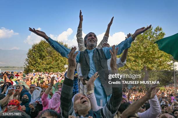 Muslim devotees react as a priest displays a relic believed to be a hair from the beard of Prophet Muhammad on the last friday of Eid Milad-un-Nabi,...