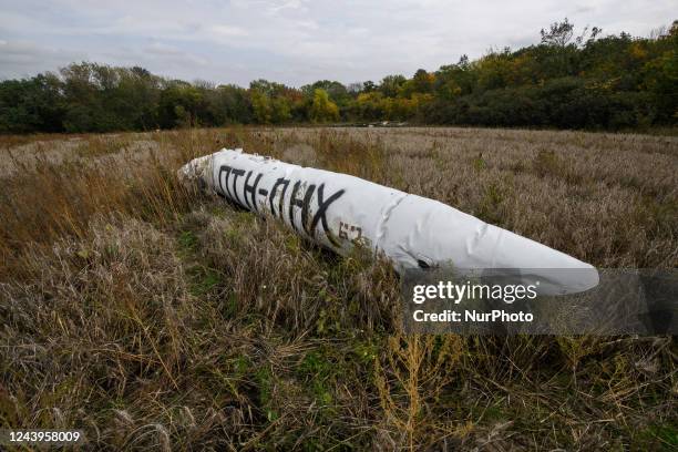 Part of russian cruise missile in the field in Kharkiv region, Ukraine, October 2, 2022