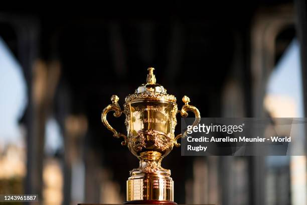 The Webb Ellis Cup is photographed at Bir Hakeim to mark One Year until Rugby World Cup France 2023 on August 31, 2022 in Paris, France.