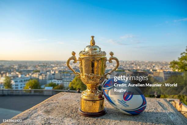 The Webb Ellis Cup is photographed overlooking the city to mark One Year until Rugby World Cup France 2023 on August 31, 2022 in Paris, France.