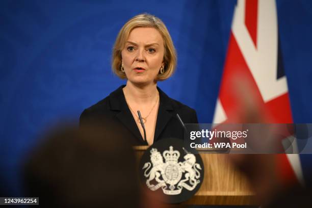 Prime Minister Liz Truss answers questions at a press conference in 10 Downing Street after sacking her former Chancellor, Kwasi Kwarteng, on October...