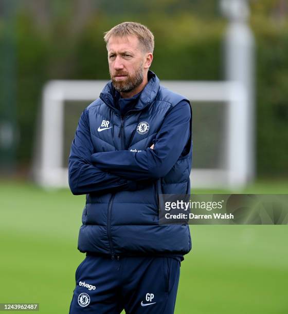 Head Coach Graham Potter of Chelsea during a training session at Chelsea Training Ground on October 14, 2022 in Cobham, England.