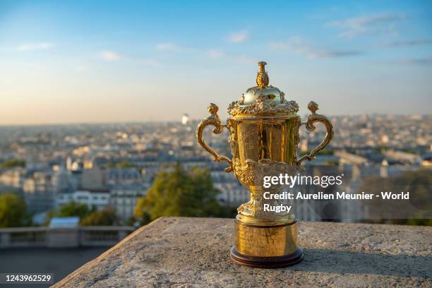 The Webb Ellis Cup is photographed overlooking the city to mark One Year until Rugby World Cup France 2023 on August 31, 2022 in Paris, France.