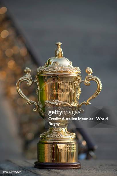 The Webb Ellis Cup is photographed overlooking the city to mark One Year until Rugby World Cup France 2023 on August 31, 2022 in Paris, France.