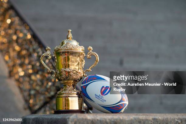 The Webb Ellis Cup is photographed overlooking the city to mark One Year until Rugby World Cup France 2023 on August 31, 2022 in Paris, France.