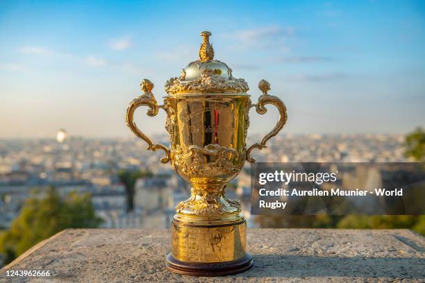The Webb Ellis Cup is photographed overlooking the city to mark One Year until Rugby World Cup France 2023 on August 31, 2022 in Paris, France.