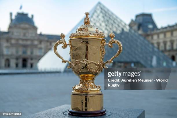 The Webb Ellis Cup is photographed at the Louvre Museum to mark One Year until Rugby World Cup France 2023 on August 31, 2022 in Paris, France.