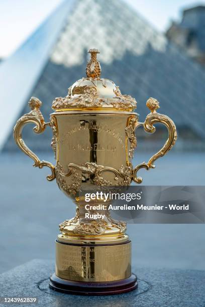 The Webb Ellis Cup is photographed at the Louvre Museum to mark One Year until Rugby World Cup France 2023 on August 31, 2022 in Paris, France.