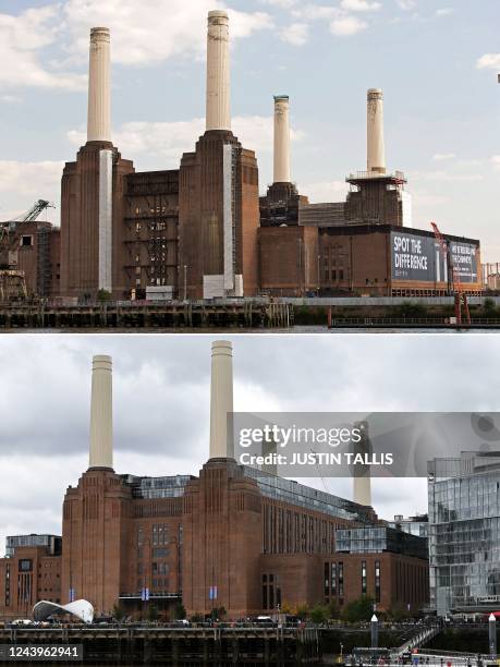 This combination of pictures created on October 14, 2022 shows a derelict Battersea Power Station in south London on Janurary 15 and a general view...