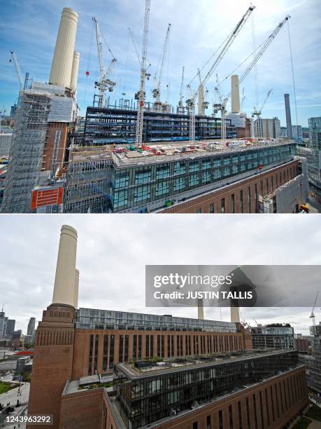 This combination of pictures created on October 14, 2022 shows construction cranes continue work to build "Sky Villas" or luxury apartments on the...