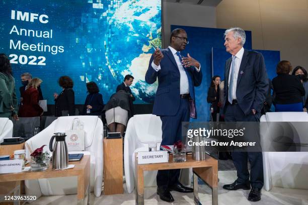 Secretary Ceda Ogada talks with Chair of the U.S. Federal Reserve Jerome Powell during a meeting of the IMFC at the IMF and World Bank Annual...