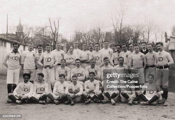 The England and France rugby football teams prior to the match at the Parc des Princes in Paris on 22nd March 1906. England won 35-8. The England...