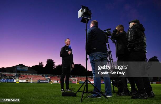 Dublin , Ireland - 14 October 2022; Bohemians interim manager Derek Pender is interviewed by LOITV before the SSE Airtricity League Premier Division...