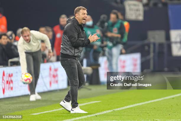 Head coach Frank Kramer of FC Schalke 04 gestures during the Bundesliga match between FC Schalke 04 and TSG Hoffenheim at Veltins-Arena on October...