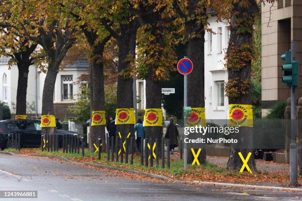 Signs of &quot; no nuclear power, Thanks &quot; are seen during the green party delegate conference at United Nation plaza in Bonn, Germany on Oct...