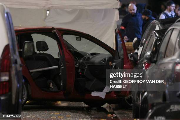 Destroyed car is seen after the driver was fatally shot by a police officer during a refusal to comply, in Paris, on October 14, 2022. - This shot...