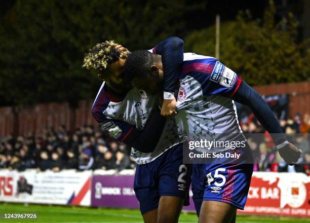 Dublin , Ireland - 14 October 2022; Tunde Owolabi of St Patrick's Athletic, right, celebrates with teammate Barry Cotter after scoring their side's...