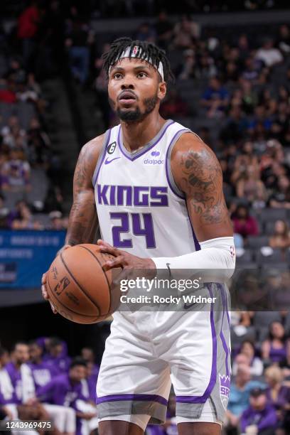 Kent Bazemore of the Sacramento Kings attempts a free-throw shot against the Portland Trail Blazers on October 9, 2022 at Golden 1 Center in...