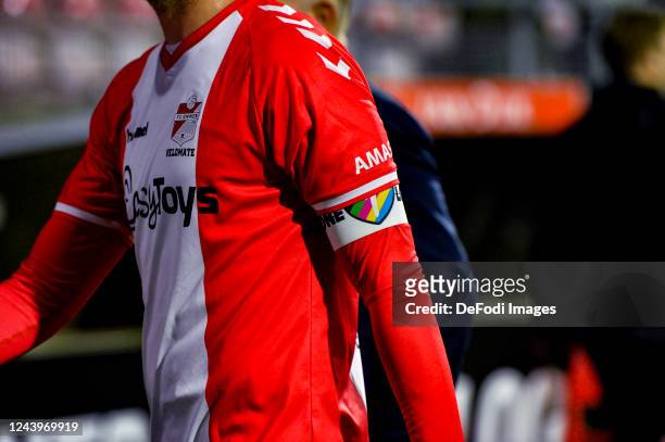 Rainbow leaderband stand up against gay hate during the Dutch Eredivisie match between FC Emmen and FC Volendam at De Oude Meerdijk on October 14,...