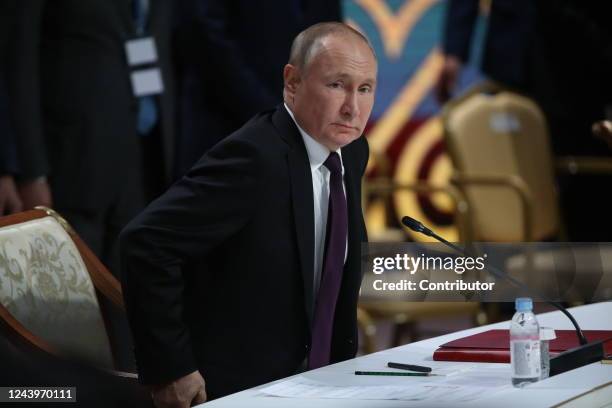 Russian President Vladimir Putin is seen during the plenary session of the Commonwealth of the Independent States Summit, on October 14, 2022 in...