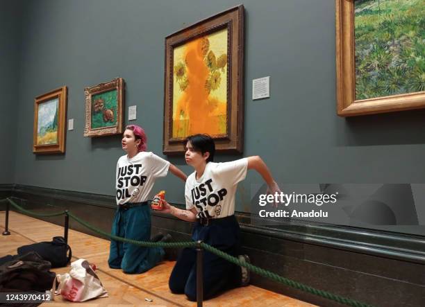 Climate protesters hold a demonstration as they throw cans of tomato soup at Vincent van Goghâs âSunflowersâ at the National Gallery in London,...