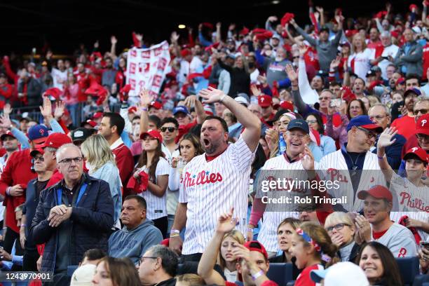 General view of fans after Rhys Hoskins of the Philadelphia Phillies hit a three run home run in the third inning during the game between the Atlanta...