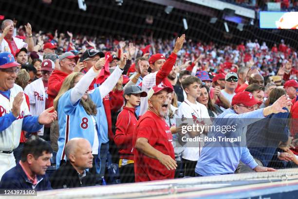 General view of fans after Rhys Hoskins of the Philadelphia Phillies hit a three run home run in the third inning during the game between the Atlanta...