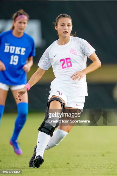 Florida State Seminoles midfielder Clara Robbins defends a Duke Blue Devils player on October 13, 2022 at Seminole Soccer Complex in Tallahassee, FL.