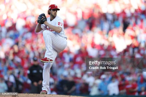 Aaron Nola of the Philadelphia Phillies pitches in the second inning during the game between the Atlanta Braves and the Philadelphia Phillies at...