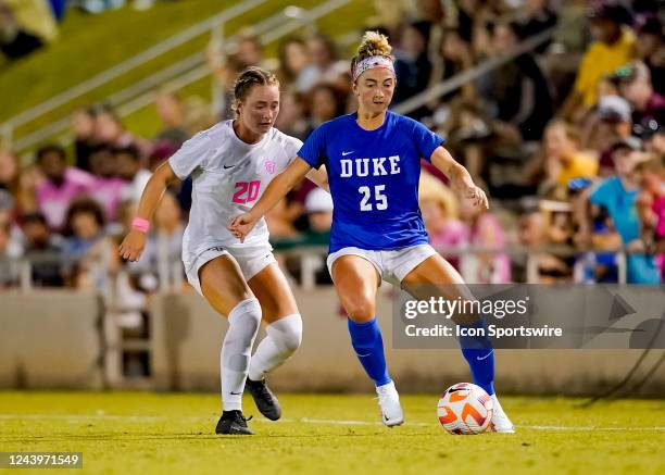 Duke Blue Devils defender Jenna Royson boxes out Florida State Seminoles defender Heather Gilchrist on October 13, 2022 at Seminole Soccer Complex in...