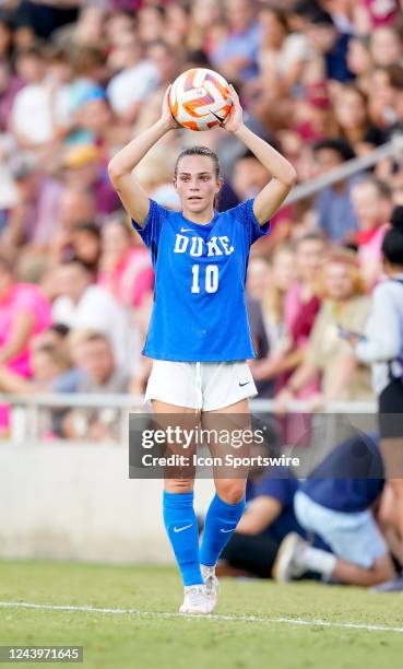 Duke Blue Devils midfielder Olivia Migli throws in against the Florida State Seminoles on October 13, 2022 at Seminole Soccer Complex in Tallahassee,...