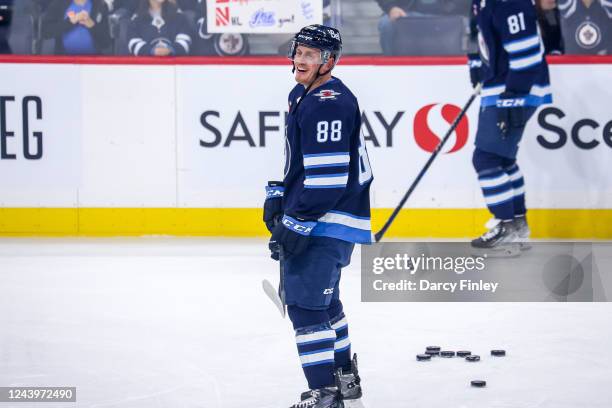 Nate Schmidt of the Winnipeg Jets looks on during the pre-game warm up prior to NHL action against the New York Rangers at the Canada Life Centre on...