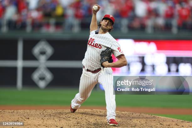 Aaron Nola of the Philadelphia Phillies pitches in the fourth inning during the game between the Atlanta Braves and the Philadelphia Phillies at...