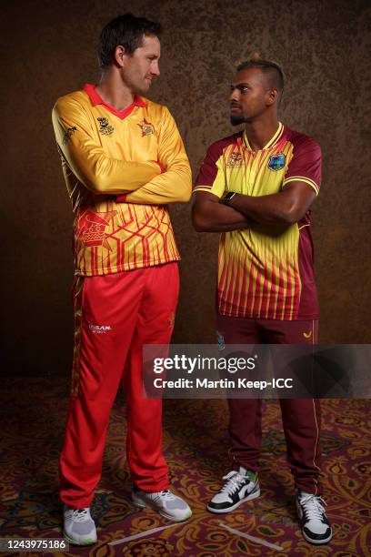 Craig Ervine of Zimbabwe and Nicholas Pooran of West Indies poses for a photo ahead of the ICC Men's T20 World Cup on October 15, 2022 in Melbourne,...