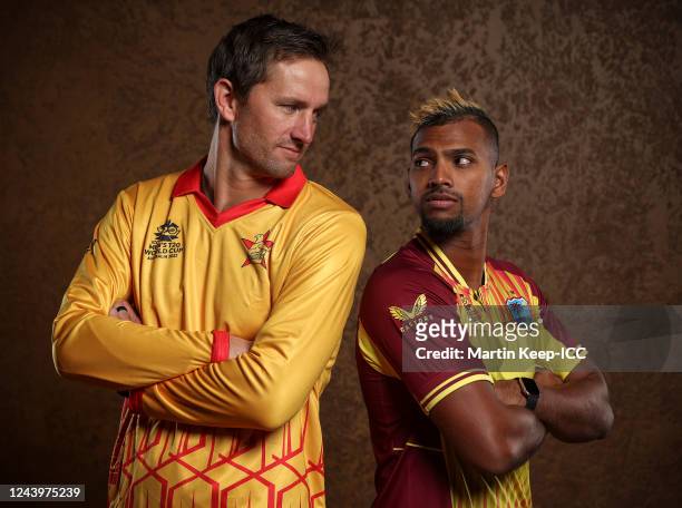 Craig Ervine of Zimbabwe and Nicholas Pooran of West Indies poses for a photo ahead of the ICC Men's T20 World Cup on October 15, 2022 in Melbourne,...