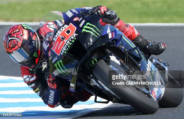 Monster Energy Yamaha's French rider Fabio Quartararo rides his bike during the MotoGP third free practice session in Phillip Island on October 15...