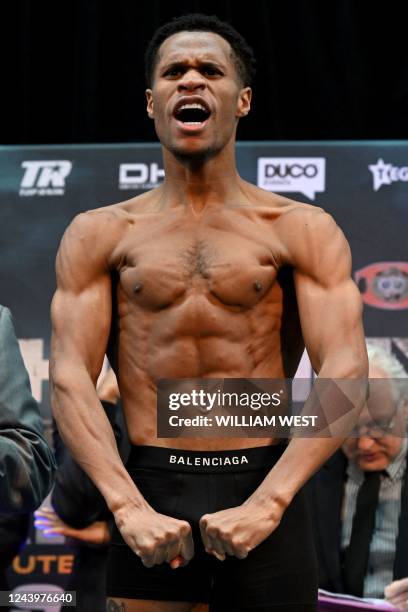 Devin Haney of the US reacts during the weigh-in in Melbourne on October 15 ahead of his rematch with George Kambosos of Australia for the...