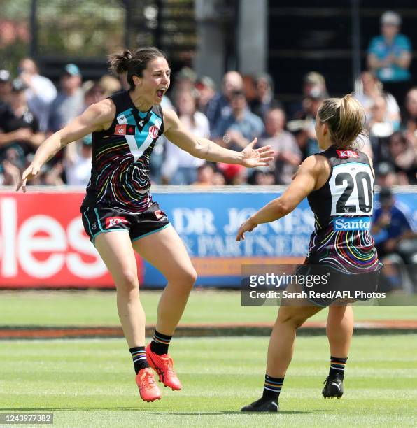 Ange Foley of the Power celebrates a goal with Sachi Syme during the 2022 S7 AFLW Round 08 match between the Port Adelaide Power and the North...