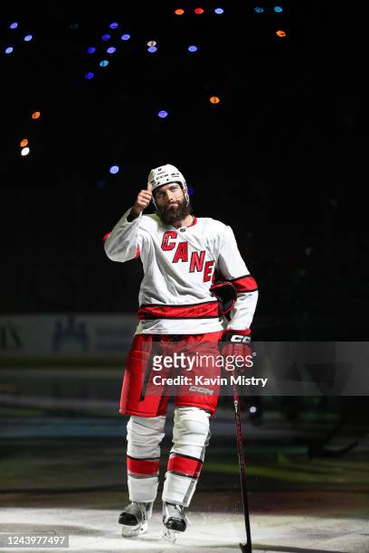 Brent Burns of the Carolina Hurricanes is honored before the game against the San Jose Sharks at SAP Center on October 14, 2022 in San Jose,...