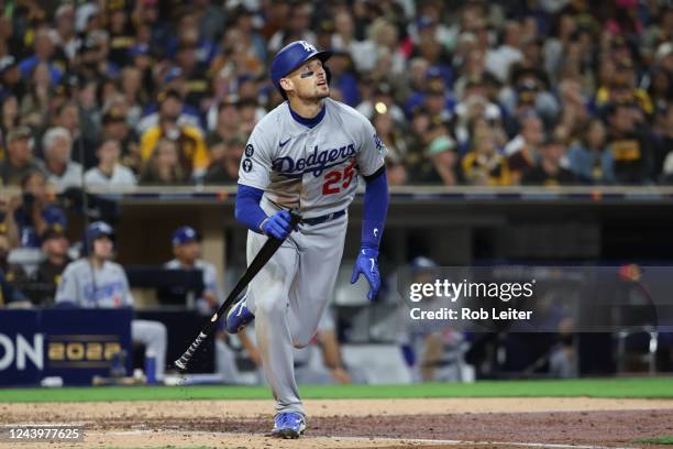 Trayce Thompson of the Los Angeles Dodgers singles in the fifth inning during the game between the Los Angeles Dodgers and the San Diego Padres at...