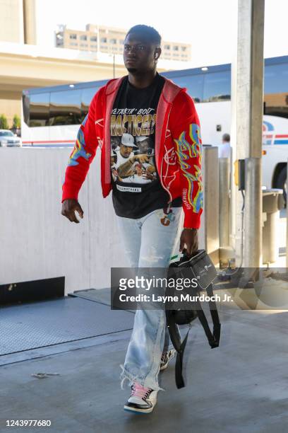 Zion Williamson of the New Orleans Pelicans arrives to the arena before the game against the Atlanta Hawks on October 14, 2022 at the Smoothie King...